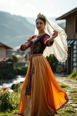 A full-body cinematic photograph of a graceful Azerbaijani woman performing a traditional national dance. She wears an intricately embroidered velvet bodice and a flowing long silk skirt. On her head is a small ornate traditional crown with a long, translucent white lace veil flowing elegantly behind her. She stands in a poised, elegant dance pose in a pretty country side village with dramatic professional spotlighting. next to river flowers