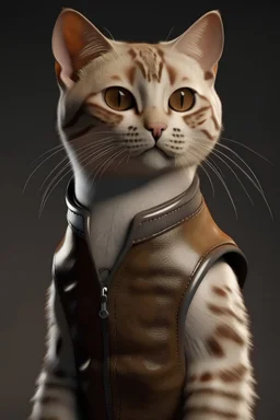 A portrait of a realistic humanoid shorthair cat wearing light leather vest