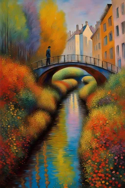 painting of a psychadelic colourful natural walkway in the city with pollution and a creek by monet