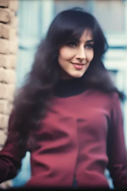 a woman standing in front of a brick wall, home video footage, persian rug, may 6 8, black bangs, waldo in the top right of frame, in a village street, of an beautiful girl, photo still of behind view, 1 female, old footage