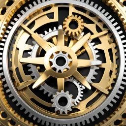 generate a large golden gear rotating among smaller silver gears. The golden gear should smoothly interact with the silver gears, showcasing a harmonious and synchronized movement. Implement the diffusion process in a way that the golden gear stands out in size and color, while seamlessly integrating into the overall rotation of the system.