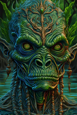 Swamp Thing, real alien character, ominous, facepaint, waist up portrait, intricate, oil on canvas, masterpiece, expert, insanely detailed, 4k resolution, retroanime style, cute big circular reflective eyes, cinematic smooth, intricate detail , soft smooth lighting, soft pastel colors, painted Renaissance stylestyle