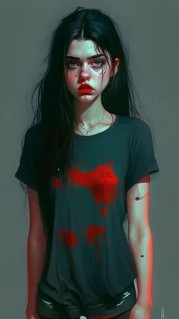 generate a full-length girl with gray-green sad eyes, with dark hair above the shoulders, a round face, not very plump lips, in a black T-shirt with a red print, short shorts, blue socks