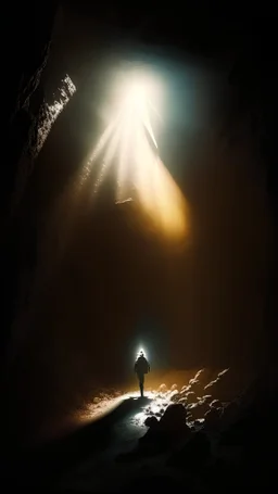 Figure on the scree cone of an underground room dimly lit by sunbeams diffuse, coming from a well located forty meters above.