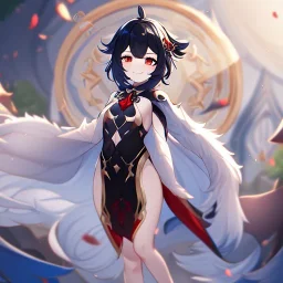 Clear focus,High resolution, black short fluffy hair, long fluffy bangs, and red eyes, Depressed girl, wearing a genshin impact outfit,slight revealing outfit, Smug smile, half closed eyes, smile, full body, Extreme close up, smiling, eyes close