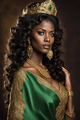 A dark skin toned thin woman with long, large curls in her dark brown-black hair with gold diadem. Her eyes vibrant green, authentic cloth. She wears a gown covered in golden jewels. She has tattoos on her arms Professional photography