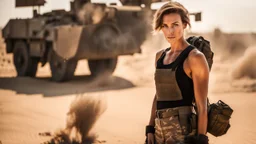 beautiful slender caucasian female technician taking cover, black tank top, well toned muscles, weathered face, scratched sand camo metal details, short brunette wavy bob haircut, dystopian, desert scene with smoke and explosions