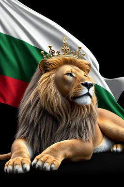 Create A hyper-realistic highly detailed, 3D-rendered image of a majestic lion lying down, wearing a royal crown. The lion's fur should be rich and textured, with a regal and powerful presence. Behind the lion, the flag of the Republic of Bulgaria(white, green,red) waves gracefully, its white, green, and red colors vivid and well-defined. The background should be an elegant, deep black, creating a striking contrast that enhances the grandeur of the lion and the flag. The lighting should be drama