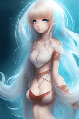 A soft and beautiful and innocent anime girl. Background is a world of fire and ice