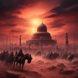 Hyper Realistic Karbala Prehistoric War Background at red cloudy sunset