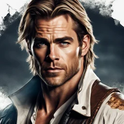 chris pine as handsome warrior king, muscular, long blonde hair, male age 30, wearing jeans and a white button-up shirt, tan skin, tattoos, photorealistic 4k dark fantasy