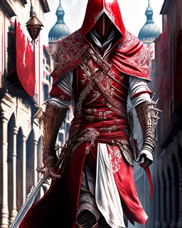 Assassin creed con dagas y espadas detalles en los pantalones y en el pecho caminando por Venezia capa arte digital hiperdetallado detalles intrincados obra de arte rojo blanco 8k