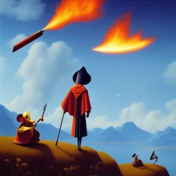 The mouse and the grim reaper discussing the future of the universe, on fire world, art by Pixar and Magritte