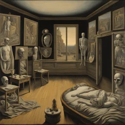 Surreal room of fractured reality where dorr is open to knowwhere, floating horrid masks, colorful hallucinatory geometry, surrealism, by Paul Delvaux, by Yves Tanguy, relentless macabrely fascinating pronounced sense of the strange, thick haze of the liminal congealing into a blank face.