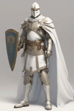 Knight wearing white robe armor and white cape with white mask, sword, and shield