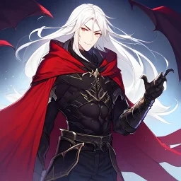 Vampire knight, young man, long white hair, black full plate armor, red cape