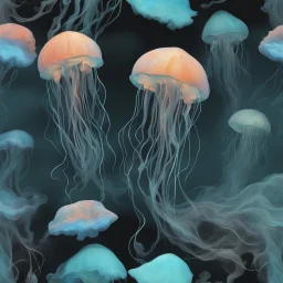 a 3d painting of jellyfish with colorful fish and clouds, in the style of dark and chaotic, light black and light aquamarine, animated gifs, site-specific works, gossamer fabrics, flickr, fluid and gestural --ar 35:52