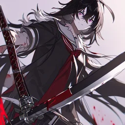 Clear focus, High resolution, rough line sketch art, long black hair, hair between eyes, fluffy hair, purple eyes, wearing a black and red sailor uniform, dark aura, mad, holding katana, bloody mess