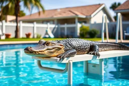 setting of a suburban background with an in-ground pool with a pool springboard, alligator with its eyes shut dozing on the pool's springboard, intricate details, cinematic lighting, sunny day