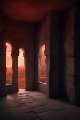 foreground (inner corridor, stone walls and floor, torch on the walls, windows), background: (view of the landscape in windows, giant god sword stabed in land, red sky)