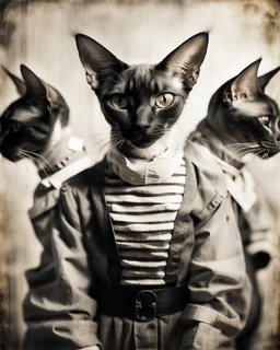 PROMPT: Surrealist portrait of a Oriental shorthair Siamese cat in a convicts outfit, layered multiple exposures of [POSE]. Each overlay is motion blurred and translucent. Monochrome palette, aged film grain and light scratches. A subtle glow softens the focus, evoking [MOOD]. Inspired by early analog photography experiments