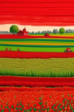 A red farmland with bio life designed in Bayeux tapestry painted by Jeffrey Kolker