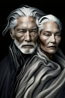 a photo of an White man and woman with ethnic jewelry, grey hair and grey flowing robe, in style of Annie Leibovitz, contemporary portrait of a mature yet beautiful and modernist, black and grey, detailed face, swirling fluid smokey enigma, award-winning artwork