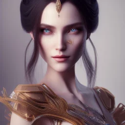 mysterious beautiful woman, with long dark brown hair, in dress, holding scissors behind her back turning to face the viewer, digital art, octane render, redshift render,ambient lighting