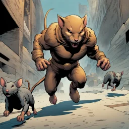 Cómic ot Catman chases three humanoid rats that are running around in terror