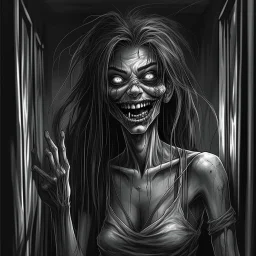 High-definition, riveting sketchy image of a spooky zombie girl with an exaggerated large mouth twisted into an ironic smile. She is characterized by her long, sharply curved fingernails and dirty, unkempt hair. This chilling presence is seen peeking around a corner in a dark, deserted hallway. The image has a blend of styles: heavy metal art of Wes Benscoter like a Slayer 'Season's in the Abyss' cover; the eerie and surreal feel reminiscent of late 19th-century Gothic art; watercolor expressive