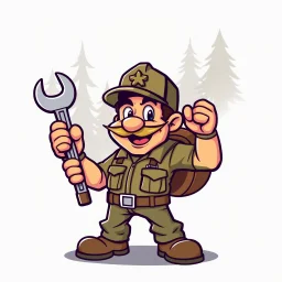 retro cartoon company mascot of a vehicle mechanic with a hint of forest ranger, holding a torque-wrench.