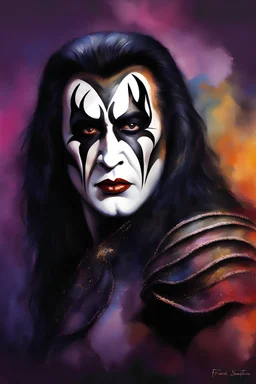 text "KISS", head and shoulders portrait, KISS Gene Simmons - well-shaped, perfect figure, perfect face, smiling, a multicolored, watercolor stained, wall in the background, oil painting in the art style of Frank Frazetta, 4k, 8k, 32k UHD, Hyper realistic, extremely colorful, vibrant, photorealistic, realistic, sharp, highly detailed, professional quality, beautiful, awesome, majestic, superb, trending on artstation, pleasing, lovely, Cinematic, gorgeous, Life like, Highly detailed