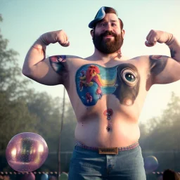 Ultra realistic circus scene. Classic Naked strongman, waist up view, old school tattoo, Wes Anderson style, happy, bubbles, butterflys, highly detailed, concept art, unreal engine 5, god rays, ray tracing, RTX, lumen lighting, ultra detail, volumetric lighting, 3d, finely drawn, high definition, high resolution.