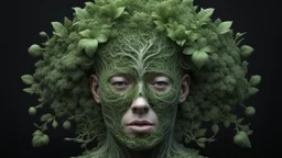 3D rendering of Expressively detailed and intricate of a hyperrealistic “ human head detailed with organic form”: front view, symetric, green glossy plant vines, anatomy, symmetric, scientific, baroque ornament, single object, vivid colour, black background, cosmic fractals, octane render, 8k post-production, dendritic, artstation: award-winning: professional portrait: atmospheric: commanding: fantastical: clarity: 16k: ultra quality: striking: brilliance: stunning colors: amazing depth