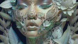 complex 3d render ultra detailed of a beautiful porcelain profile kim kardashians face , biomechanical cyborg, analog, 150 mm lens, beautiful natural soft rim light, big leaves and stems, roots, fine foliage lace, colorful details, massai warrior, Alexander Mcqueen high fashion haute couture, pearl earring, art nouveau fashion embroidered, steampunk, intricate details, mesh wire, mandelbrot fractal, anatomical, facial muscles, cable wires, microchip, elegant, hyper realistic, ultra detailed, oct