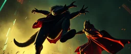 werewolf vs vampire cyberpunk action scene, acrobatic dodge, cape, all seen from below a grid