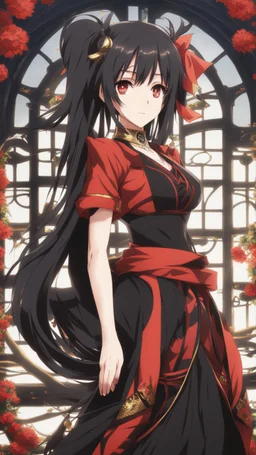 Tokisaki Kurumi appears to be elegant and has very polite manners, ivory skin and long, evil smile, crazy smile, black hair usually tied in long twin tails, deferent Eyes colors, right eye is red-tinted color, left eye appears as a golden color, inorganic clock face, a girl with astonishing beauty, wearing her astral black and red dress 'Elohim', left golden eye, intricate details, highly detailed, ASIAN STYLE