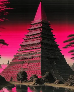 A magenta shining light pyramid with glowing eyes painted by Utagawa Hiroshige