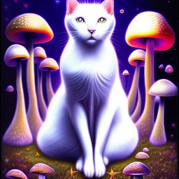 mystical white cat sits on a psychedelic mushroom