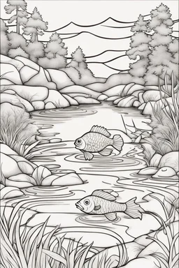 coloring page, fish in a creek, cartoon style, thick lines, low detail, no shading