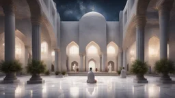 Hyper Realistic People-Praying inside Beautiful-Decorated-Huge-Grey-Brick-Mosque with white-marble-flooring & Beautiful-Lighting-Decorations at night with stars on sky & beautiful trees