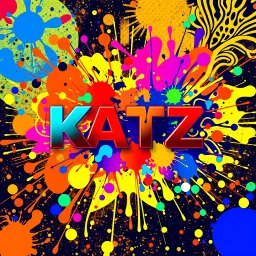 A vibrant and colorful artistic representation of an logo. The logo is only a word: KATZ. The Katz logo is the central focus, with its letters exhibiting a spectrum of colors rangingfrom reds to blues. Surrounding the KATZ are abstract patterns and shapes in a myriad of colors, including oranges, yellows, greens, and blues. Some of these patterns resemble fluid or paint splatters, while others have a more structured, almost psychedelic appearance. The overall feel of the image is dynamic, energe