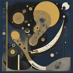 Monstrous Geographies, Malthusian Demagoguery, abstract sci-fi art, by Graham Sutherland and Victor Pasmore and M.C. Escher, mind-bending illustration, asymmetric, dynamic diagonal composition, morse code dot and dash textures, midnight_blue and Golden hues