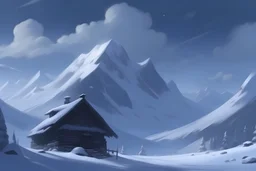 anime style snowy mountain in a blizzard with dark skys and a small cabin in the background with a width of 1102 px and a height of 513 pc\x