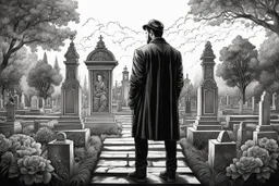 Man standing a front of his mom grave in Cemetery in 8k tattoo drawing style, out of the Frame, intricate details, highly detailed, high details, detailed portrait, masterpiece,ultra detailed, ultra quality