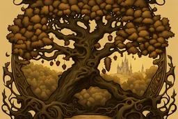 Oak Leaf Mead-Inspired Cider Label Concept: An enchanted forest scene inspired by Arthur Rackham's style, with an oak tree taking center stage. Incorporate intricate details of oak leaves, acorns, and perhaps mythical creatures in the background, evoking the magic of the oak leaf mead infusion.