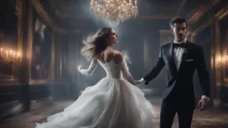 Hyper Realistic close-up-view-of-handsome-muscular-man-in-black-tuxedo dancing with a beautiful-ghost-of-a-women-in-torn-white-gown inside a super-dark-fancy-hall-of-a-mansion with creepy flying-ghosts behind showing dramatic & cinematic ambiance