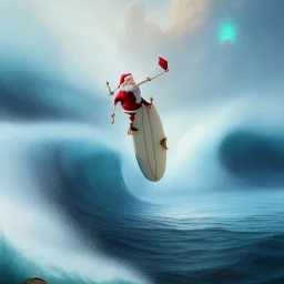 Santa standing of surfboard surfing a big wave, empty hands, beach, character design by cory loftis, fenghua zhong, ryohei hase, ismail inceoglu and ruan jia. unreal engine 5, artistic lighting, highly detailed, photorealistic, fantasy