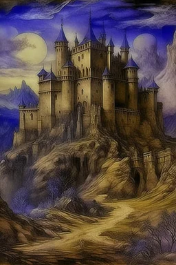 A violet castle of mystery with poltergeists painted by Leonardo da Vinci