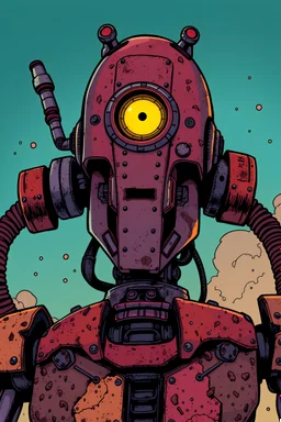 Comic book, coloured, post-apocalyptic, rusted robot, glowing yellow eye